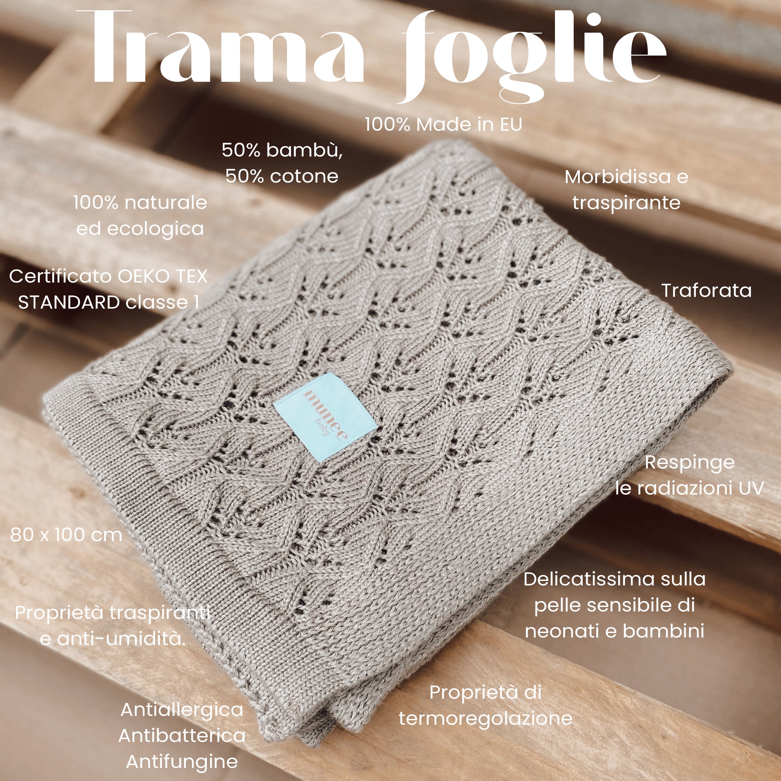 Luxury Bamboo™ | Coperta termoregolante traforata in bambù – Trama Foglie 80x100 cm